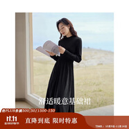 茵曼法式燈芯絨連衣裙秋冬女裝高領(lǐng)長(zhǎng)袖A擺針織中長(zhǎng)裙子 午夜黑 M 