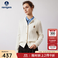 Navigare意大利小帆船女士毛衣秋冬季新款純綿羊毛長袖開衫通勤保暖外套 科技白 M