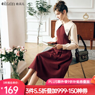 Olrain歐芮兒法式酒紅色背帶連衣裙女秋秋減齡復(fù)古裙子 酒紅色 XL