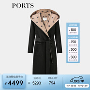 PORTS寶姿女裝2024秋季新款LOGO提花連帽羊毛大衣ALT9C009UZW022 黑色印花 L