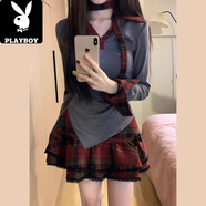 花花公子（PLAYBOY）入秋穿搭美式甜辣格子連衣裙女裝2025新款秋冬搭配一整套蓬蓬短裙 上衣+半身裙套裝【早秋裝2024新款/入秋穿搭一整 S 40/45kg 收藏加購優(yōu)先發(fā)貨/送運費險