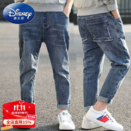 迪士尼（Disney）男童牛仔褲春秋裝2023韓版長褲子兒童中大童褲子洋氣時(shí)髦冬裝加絨