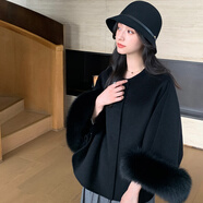 溥畔mini皮草2025新款雙面毛呢外套女狐貍毛斗篷小個(gè)子羊絨大衣高級(jí)感 黑色 S 均碼