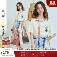 兩三事梵高文藝 弦外智音 2025夏季新款彩繩綁帶領(lǐng)印花短袖t恤女 米杏色 L