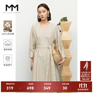 麥檬MM商場同款春新純棉卡其v領(lǐng)法式氣質(zhì)收腰通勤九分袖連衣裙女 淺卡其 S