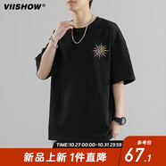 viishow短袖男夏季潮流寬松上衣服五分半袖男透氣涼感體恤T恤男 黑色 S