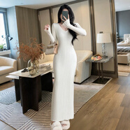 園翌歐美長(cháng)袖褲打底裙子女秋冬季v領(lǐng)氣質(zhì)顯瘦內搭 米白色【商城優(yōu)質(zhì)版】 S