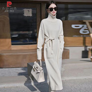 皮爾卡丹（pierre cardin）韓版簡(jiǎn)約舒適冬季加絨毛衣裙中長(zhǎng)款過(guò)膝高領(lǐng)針織連衣裙配大衣內(nèi)搭 米白色不加絨 S 建議90-100斤