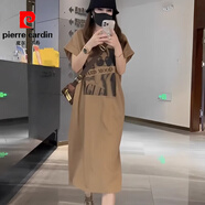 皮爾卡丹（pierre cardin）印花短袖T恤連衣裙夏季寬松顯瘦開(kāi)叉大碼休閑裙子長(zhǎng)裙歐美風(fēng) 卡其色 2XL 160到180斤