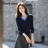 塔馳密司（touchmiss）氣質(zhì)通勤假兩件線衫女2025秋季新款撞色雙V領(lǐng)修身針織衫上衣 藏青 L