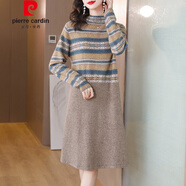 皮爾卡丹（pierre cardin）民族風(fēng)印花長(cháng)袖針織連衣裙女秋冬季新款高端氣質(zhì)媽裝打底中長(cháng)裙 主圖色 M