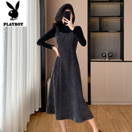 花花公子（PLAYBOY）新品法國風(fēng)格羊毛吊帶裙兩件套秋冬新款底褲襯衫吊帶裙長裙套裝 單灰色背帶裙-旗艦款 XL