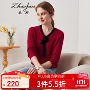 兆君秋冬圓領(lǐng)長(zhǎng)袖羊毛衫女鏤空系帶針織毛衣 石榴紅 M