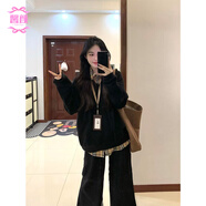 馨顏美式高街oversize黑色撞色假兩件衛衣女春秋慵懶秋冬長(cháng)袖上衣外套 黑色毛衣 M 95-105斤
