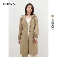 Mr.Hosea HoHONRN/紅人長(cháng)袖帶帽中長(cháng)款顯瘦氣質(zhì)流行腰抽繩風(fēng)衣女秋HK39OF007 淺卡其色_(37) M _160