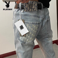 花花公子（PLAYBOY）秋季新款刺繡字母牛仔褲男網(wǎng)紅同款潮流百搭修身小腳直筒九分褲子 淺藍 刺繡D字母888 （高質(zhì)量） 29