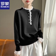 羅蒙（ROMON）2025秋冬新款法式小香風(fēng)加厚毛衣女蕾絲花邊半高領(lǐng)針織衫寬松內(nèi)搭 黑色 M 90-110斤