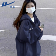 回力藏青色衛(wèi)衣外套女款2025新款秋季寬松連帽中長(zhǎng)款小個(gè)子開(kāi)衫S 藏青色 薄款 hl回力標(biāo)白_k_前右上 S