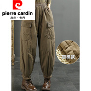 皮爾卡丹（pierre cardin）品牌復古條絨拼接加棉休閑棉褲冬新款大口袋保暖工裝棉褲時(shí)尚顯瘦 咖色 M 【建議90-110斤】