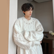 衣然呈品仿貂毛釘珠毛衣男春秋季美式潮牌馬海毛針織衫cleanfit慵懶外套男 白色 L 【建議120-135斤】