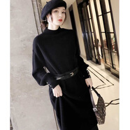 汐渝針織連衣裙女秋冬燈籠袖氣質(zhì)名媛新款腰帶收腰半高領(lǐng)毛衣長(cháng)裙 黑色 S