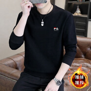 KRDUGBR衛衣男加絨加厚長(cháng)袖t恤圓領(lǐng)秋冬季修身內搭保暖冬裝男裝套頭衫 黑色【加絨】 3XL 【155-175斤】