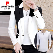 皮爾卡丹（pierre cardin）時(shí)尚春秋季西裝外套男士韓版帥氣潮流拼色款小西服褲子搭配一套裝 長(cháng)袖白色【西服加褲子加T恤】 3XL 185