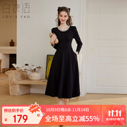 白鹿語春秋圓領(lǐng)撞色珠鏈小黑裙復(fù)古修身中長(zhǎng)款長(zhǎng)袖連衣裙 黑色 M 