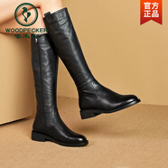 啄木鳥(niǎo)斷碼特價(jià)真皮騎士靴女高筒靴2025秋冬季平底加絨長(cháng)靴不過(guò)膝馬丁靴 黑色單里 35