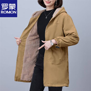 羅蒙（ROMON）官方加絨大碼寬松連帽中長(cháng)款薄外套春秋中老年媽媽裝大口袋保暖 1240#卡其色 6XL 【建議200-220斤】