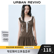 UR2025春季新款女裝撞色蕾絲飄帶U領(lǐng)無袖修身連衣裙UYY750014 深棕色 (偏短) S