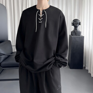 閃爆日系V領(lǐng)系帶衛衣男秋潮牌慵懶風(fēng)情侶外套復古寬松百搭運動(dòng)上衣 黑色 S