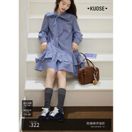 闊色藏藍(lán)色蝴蝶結(jié)襯衫裙格子裙2025早秋季新款女長(zhǎng)袖連衣裙中短裙 格紋 M