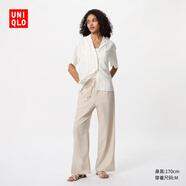 優(yōu)衣庫女裝麻混紡松緊長褲/休閑褲473791 30 淺米色 L /160/70A