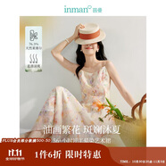 茵曼（INMAN）茶歇碎花印花女裝V領(lǐng)吊帶連衣裙2025春季新品收腰裙子 冰粉橙 M