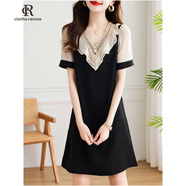 clotho Rennie品牌女裝雪紡連衣裙女夏季2026新款洋氣小個(gè)子收腰顯瘦撞色短袖裙 黑色 L