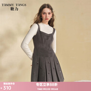 糖力【商場同款】冬季新款鉆飾珠片毛呢吊帶百褶連衣裙女收腰 灰色 M