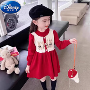 迪士尼女童連衣裙2025新款洋氣女寶寶秋冬季周歲禮服兒童秋冬裝公主裙子 紅色 90 cm