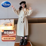 迪士尼（Disney）童裝女童毛呢外套2025新款大童女裝秋裝雙面妮子大衣兒童長款風(fēng)衣 米白色【23252腰帶款】 尺碼偏大 160 cm