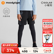 moodytiger男童褲子抓絨保暖冬季中大童長(cháng)褲拒水高彈假兩件運動(dòng)褲| 小暖陽(yáng) 炭黑色 170 cm