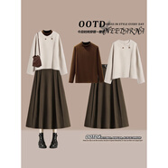 艾美琦美（AIMEIQIMEI）大碼女裝秋冬季2025新款小香風(fēng)韓劇穿搭三件套遮肉顯瘦連衣裙套裝 【秋冬款】杏色外套+德絨咖色打底+咖色毛呢裙 2XL [建議140-160斤]