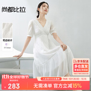 尚都比拉（Sentubila）優(yōu)雅度假風(fēng)修身浪漫花邊裝飾腰A字醋酸天絲混紡面料V領(lǐng)連衣裙 白色 L 110-120斤建議選擇