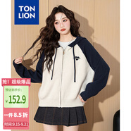 唐獅（TonLion）2025秋冬新款女毛衣連帽插肩袖繡花針織開衫毛線衫外套