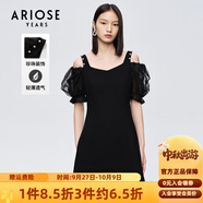 艾諾絲雅詩【商場同款】夏新珍珠網(wǎng)紗泡泡袖短袖小清新小黑裙連衣裙10429006 黑色 M