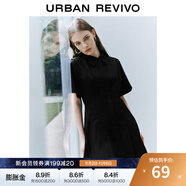 UR夏季新款女裝通勤風(fēng)壓褶修身短袖棉質(zhì)連衣裙UWU740075 正黑 M