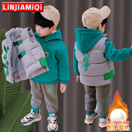 鄰家米其童裝男童套裝冬裝加絨加厚三件套寶寶嬰幼兒童裝男孩冬季小孩衣服 XT3607（馬甲+衛衣+褲）-恐龍款 90 碼/身高75-85cm（1-2歲）