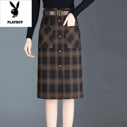 花花公子（PLAYBOY）秋裝中長(cháng)裙毛呢半身裙女2025冬裝新款大碼女裝秋冬包臀裙裙子冬裙 【5355#】格子 XL 【建議120-130斤】