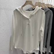 現寶蓮棉質(zhì)紐扣長(cháng)袖齡恤彈力修身休閑韓減瘦顯百搭帽款灰色連薄衛 622白色 M