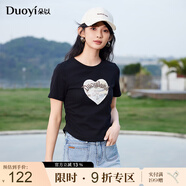 朵以（Duoyi）2025夏季新款美式復(fù)古印花T恤修身百搭抽褶收腰小個子短款上衣女 黑色 S