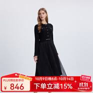 Scofield【含羊毛】女裝小香風(fēng)假兩件連衣裙網(wǎng)紗裙秋季新款 黑色 S 160